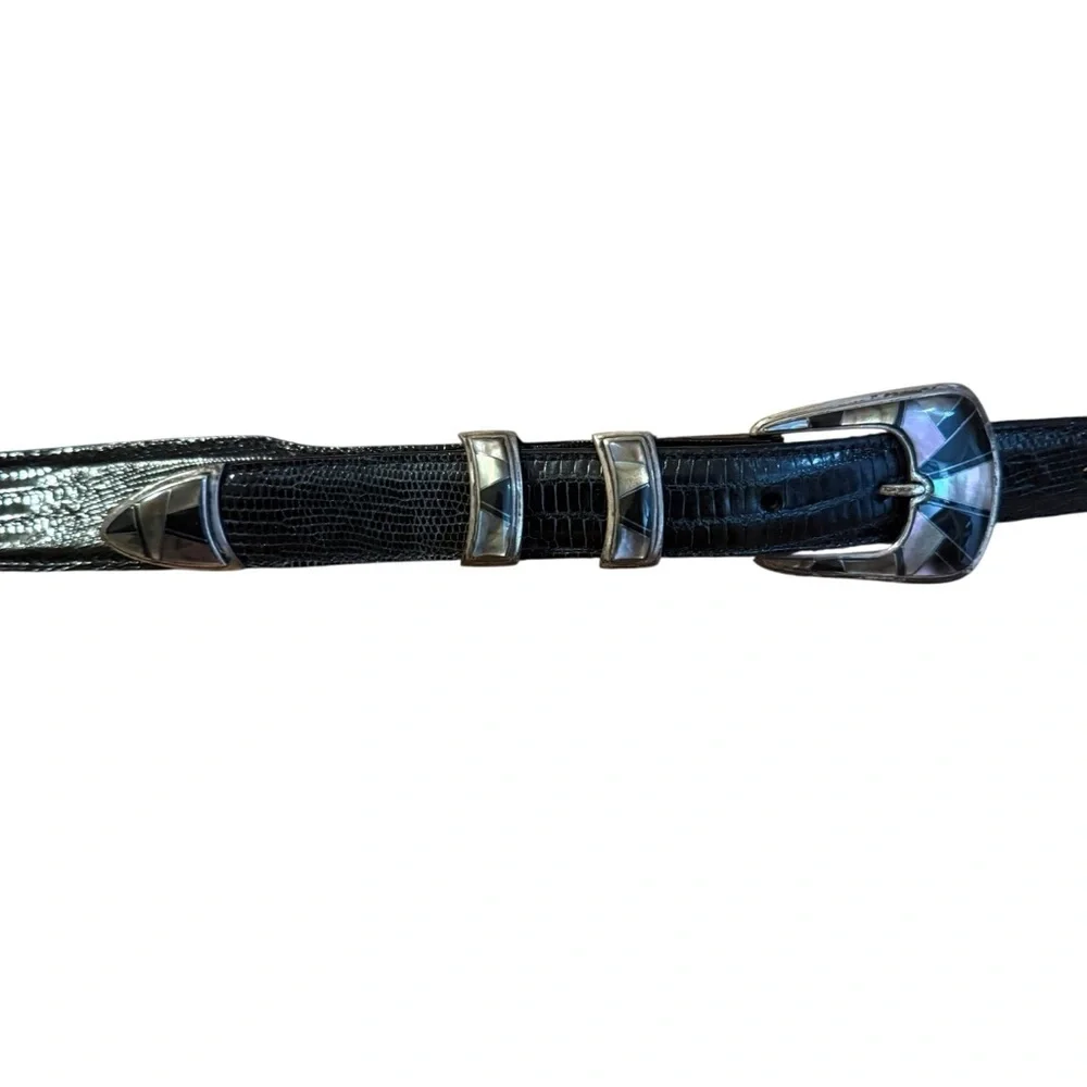 JW Cooper .925 Sterling Opal Inlay Black Lizard Skin Belt Size 44